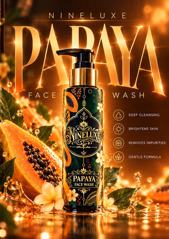 Black and gold papaya face wash pump bottle with fresh papaya, leaves, white flowers and golden water droplets, with the original NINELUXE editorial lettering.