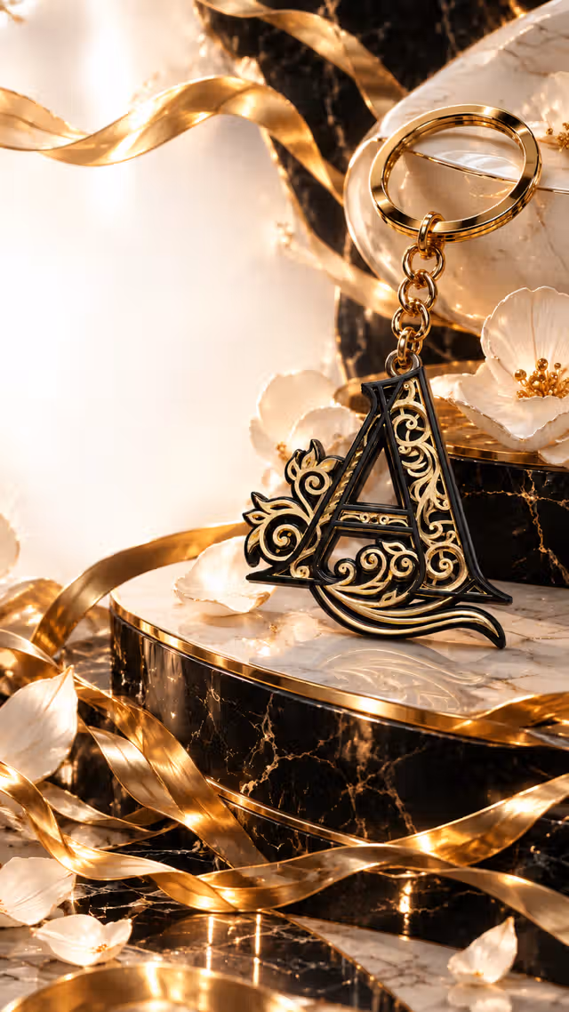 Ornate black and gold initial A keychain suspended above ivory marble, surrounded by gold ribbons and porcelain flowers