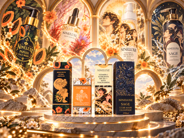 The original NINELUXE Papaya Face Wash, Face Serum, Vitamin C Sunscreen and Sage boxes, displayed with their bottles in a golden floral palace
