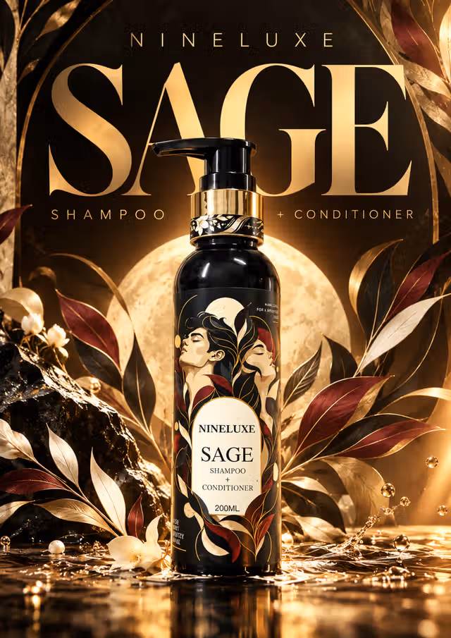 Black and gold SAGE pump bottle, botanical leaves, white flowers and a golden moon, with the original NINELUXE editorial lettering.