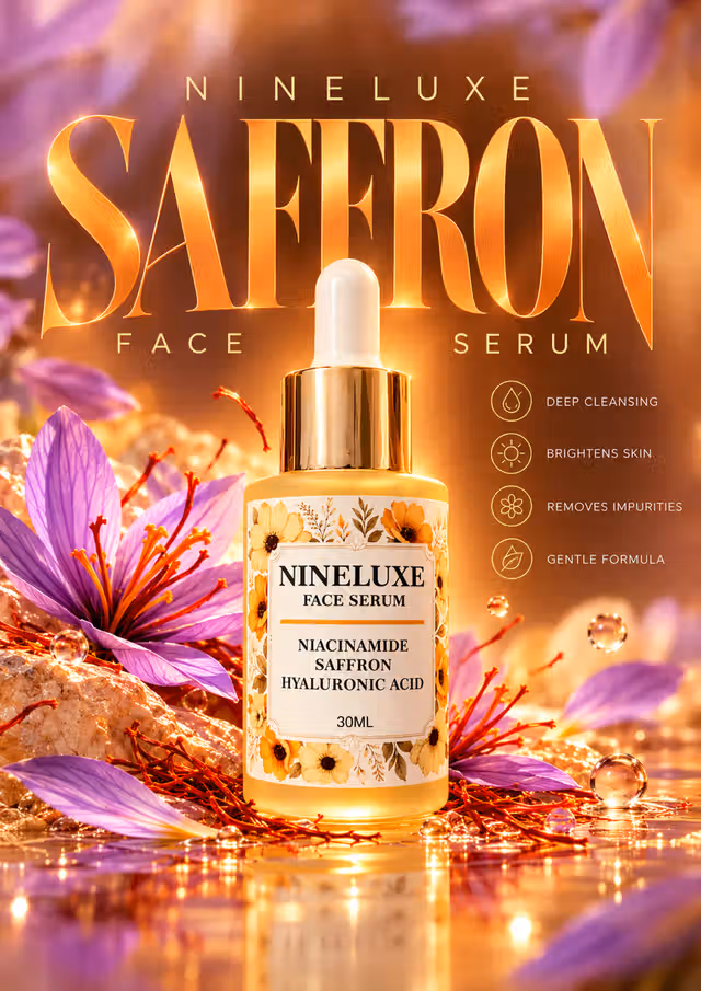 Frosted golden saffron serum bottle among purple crocus flowers, crimson saffron threads and reflections, with the original NINELUXE editorial lettering.
