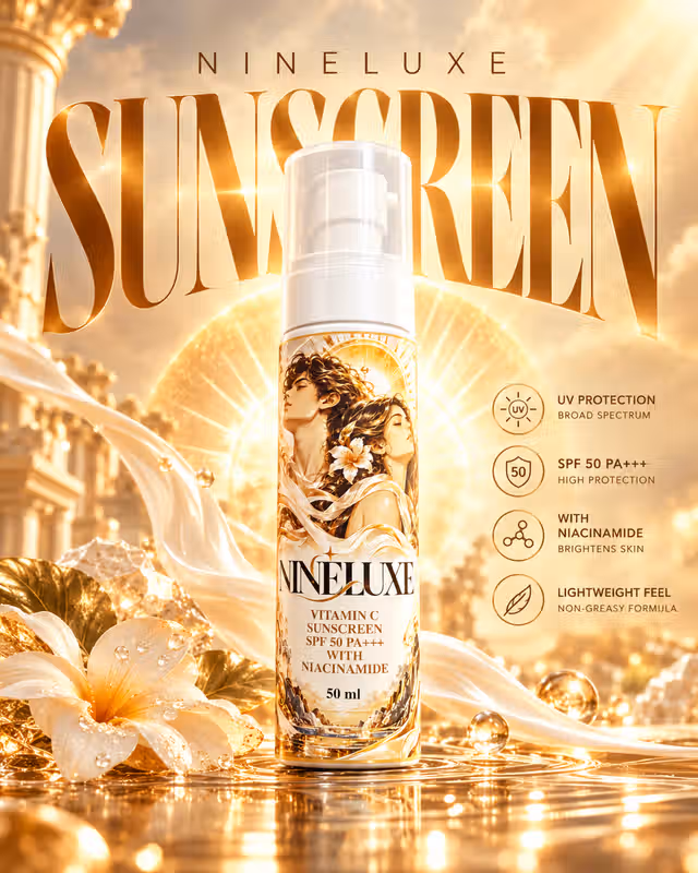White and gold NINELUXE sunscreen bottle with a radiant golden halo, ivory flowers and flowing silk, with the original editorial lettering.